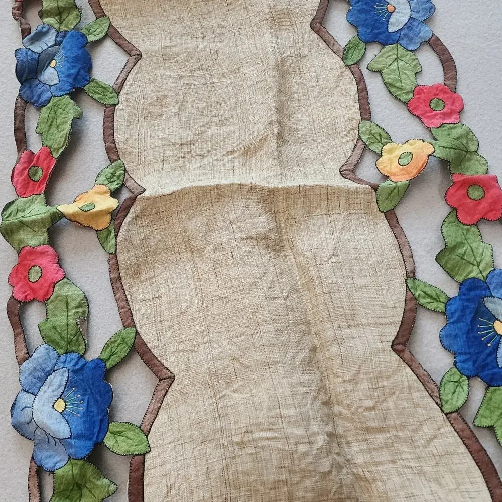 Vintage Embroidered Floral Table Runner Tan Center Multicolor Scalloped Edge